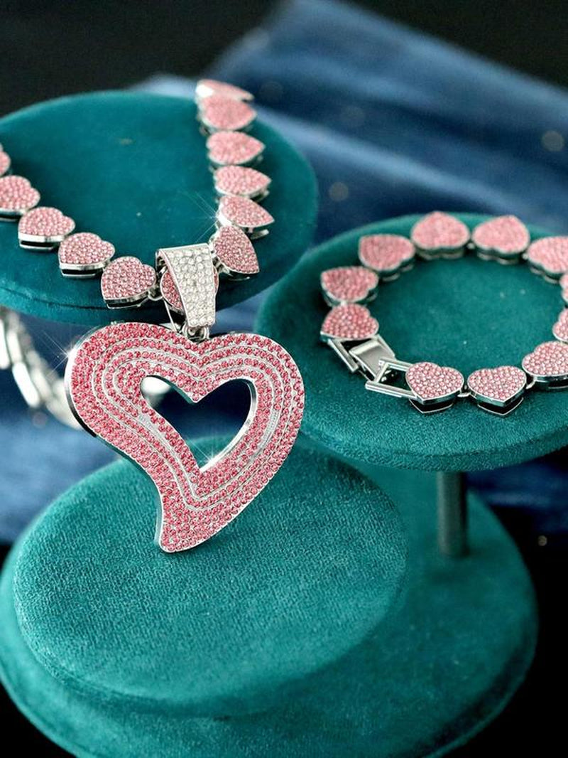 Women'S Elegant Rhinestone Decorated Heart Design Necklace & Bracelet, Exquisite Trendy Jewelry Set, Fashionable Accessories for Women & Girls, Valentine'S Day, Gift