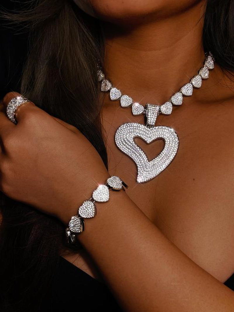 Women'S Elegant Rhinestone Decorated Heart Design Necklace & Bracelet, Exquisite Trendy Jewelry Set, Fashionable Accessories for Women & Girls, Valentine'S Day, Gift