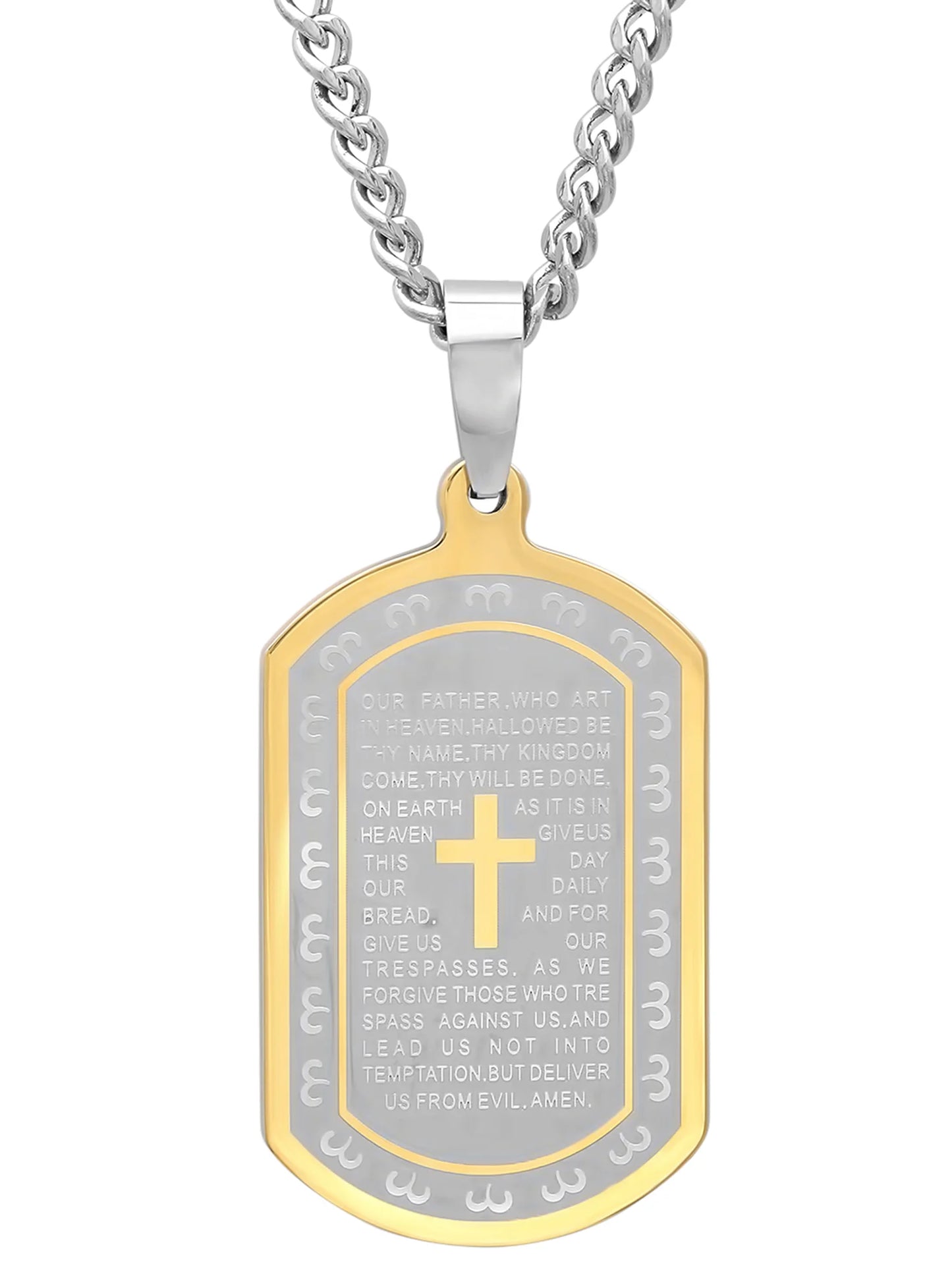 Men's Two-Tone Stainless Steel the Lord's Prayer Dog Tag Pendant Necklace