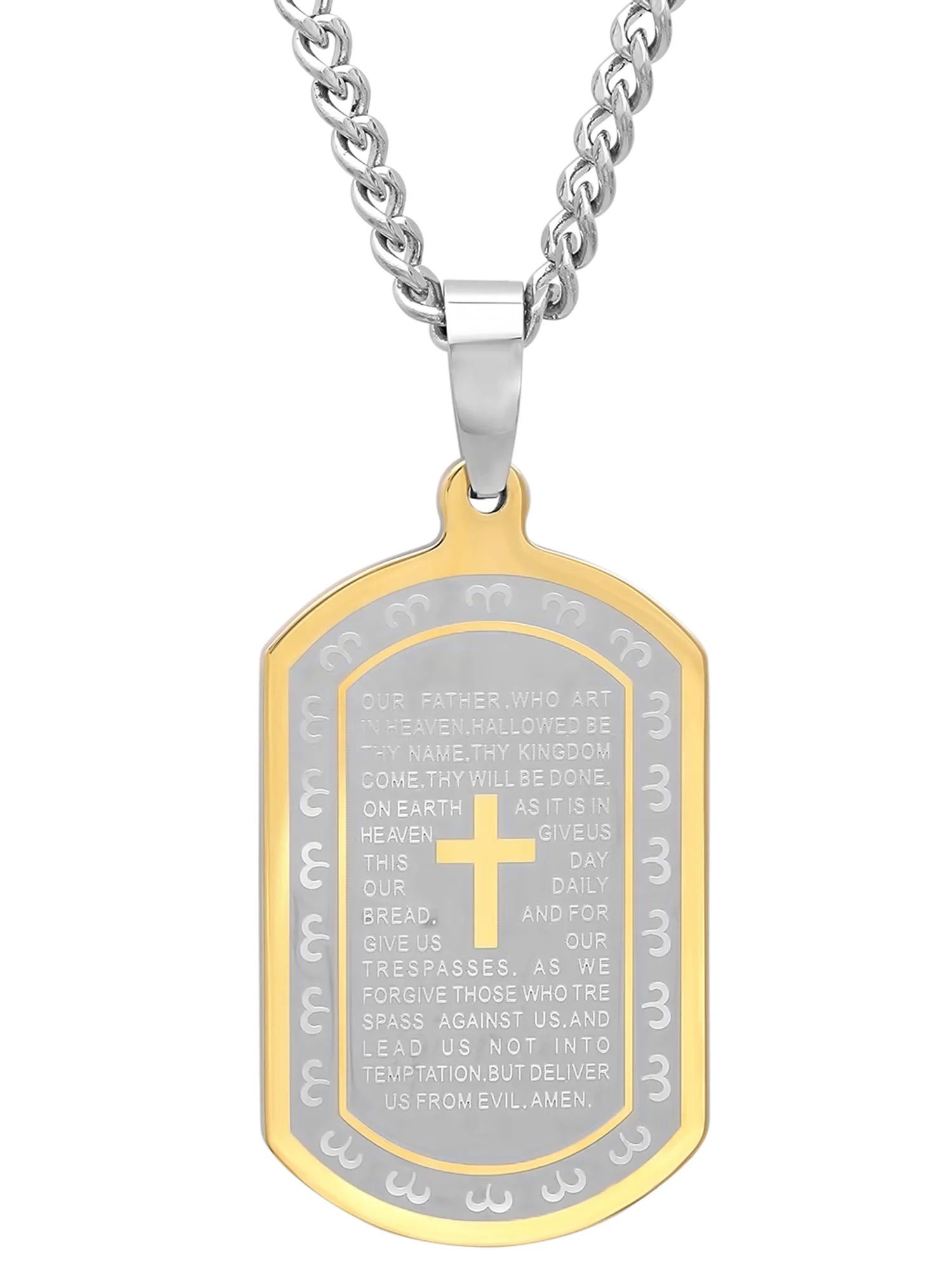 Men's Two-Tone Stainless Steel the Lord's Prayer Dog Tag Pendant Necklace