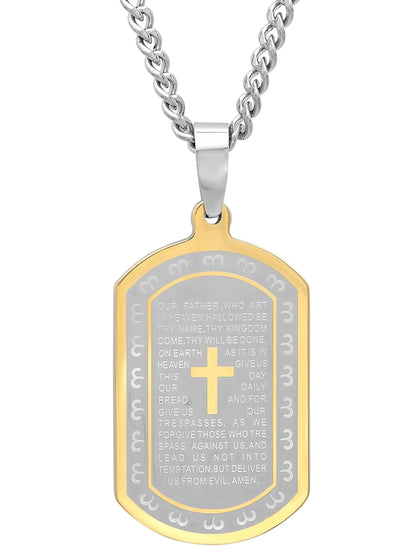 Men's Two-Tone Stainless Steel the Lord's Prayer Dog Tag Pendant Necklace
