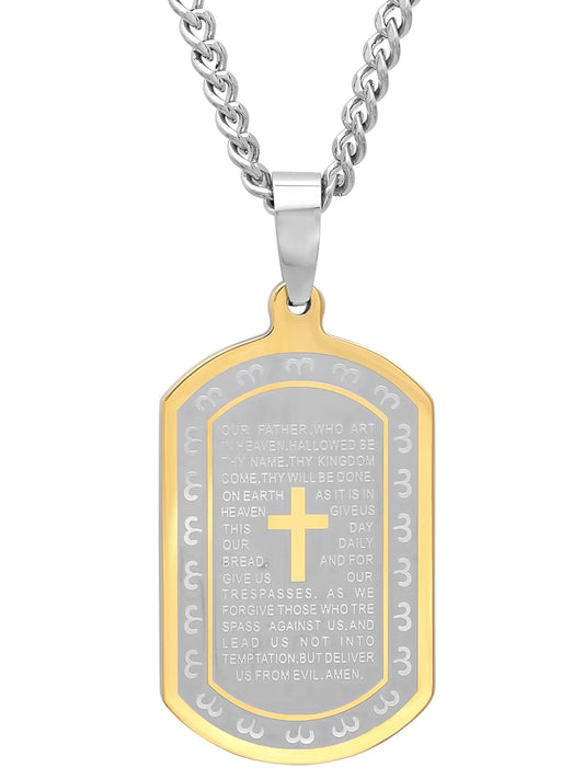 Men's Two-Tone Stainless Steel the Lord's Prayer Dog Tag Pendant Necklace