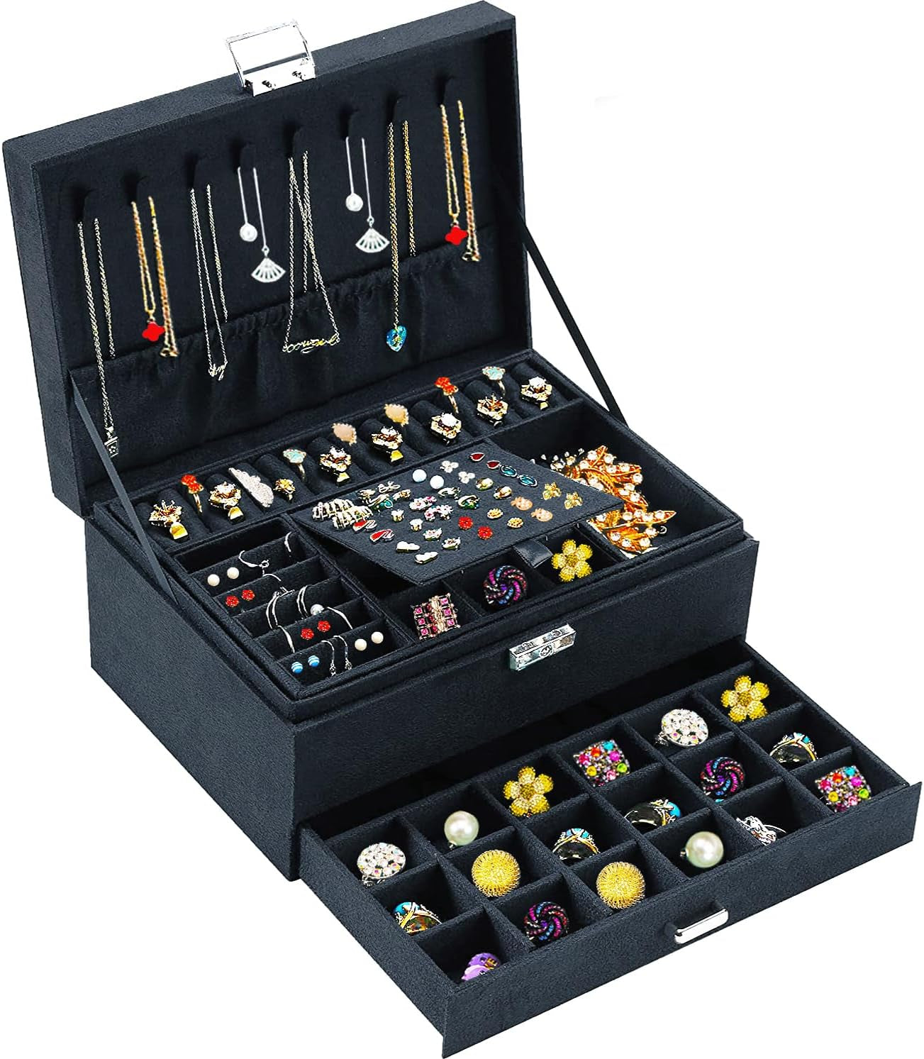 Jewelry Boxes for Women Black Velvet Jewelry Organizer with Lock