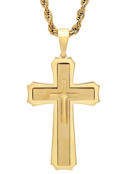 Mens Gold-Tone Stainless Steel Stacked Cross Pendant Necklace