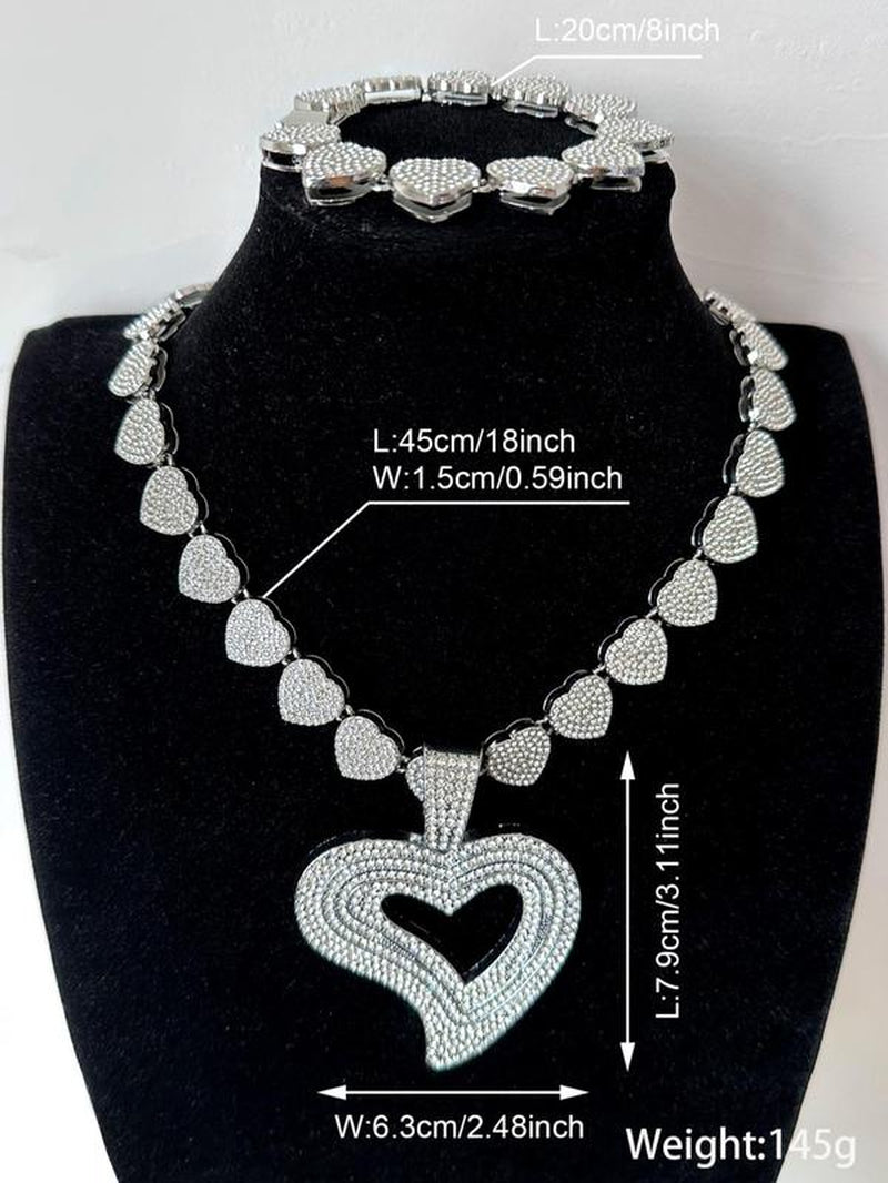 Women'S Elegant Rhinestone Decorated Heart Design Necklace & Bracelet, Exquisite Trendy Jewelry Set, Fashionable Accessories for Women & Girls, Valentine'S Day, Gift