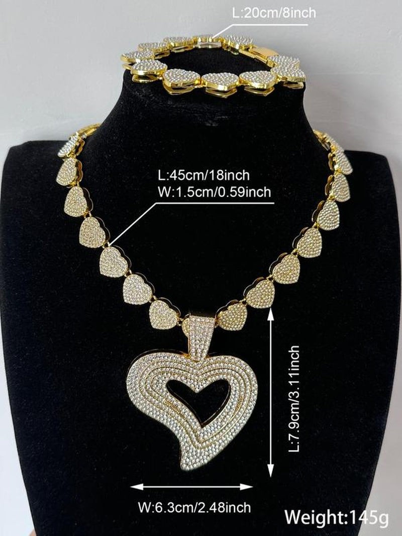 Women'S Elegant Rhinestone Decorated Heart Design Necklace & Bracelet, Exquisite Trendy Jewelry Set, Fashionable Accessories for Women & Girls, Valentine'S Day, Gift