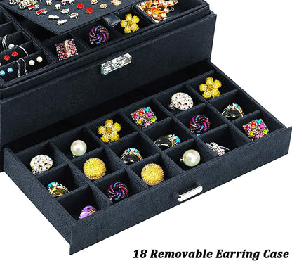 Jewelry Boxes for Women Black Velvet Jewelry Organizer with Lock
