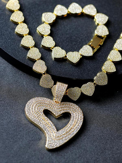 Women'S Elegant Rhinestone Decorated Heart Design Necklace & Bracelet, Exquisite Trendy Jewelry Set, Fashionable Accessories for Women & Girls, Valentine'S Day, Gift