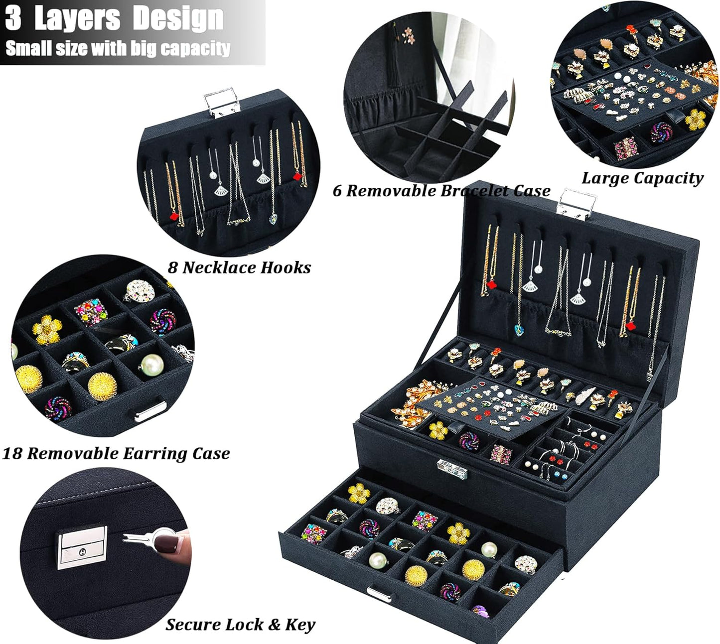 Jewelry Boxes for Women Black Velvet Jewelry Organizer with Lock