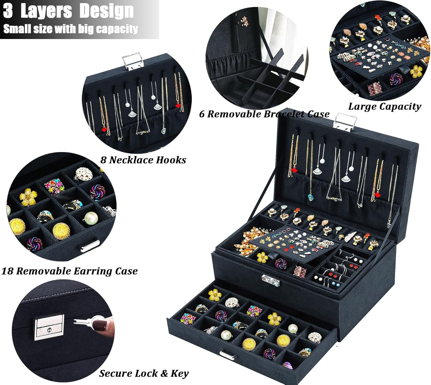 Jewelry Boxes for Women Black Velvet Jewelry Organizer with Lock