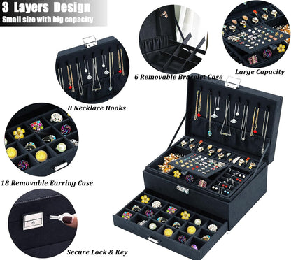Jewelry Boxes for Women Black Velvet Jewelry Organizer with Lock