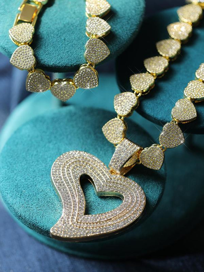 Women'S Elegant Rhinestone Decorated Heart Design Necklace & Bracelet, Exquisite Trendy Jewelry Set, Fashionable Accessories for Women & Girls, Valentine'S Day, Gift