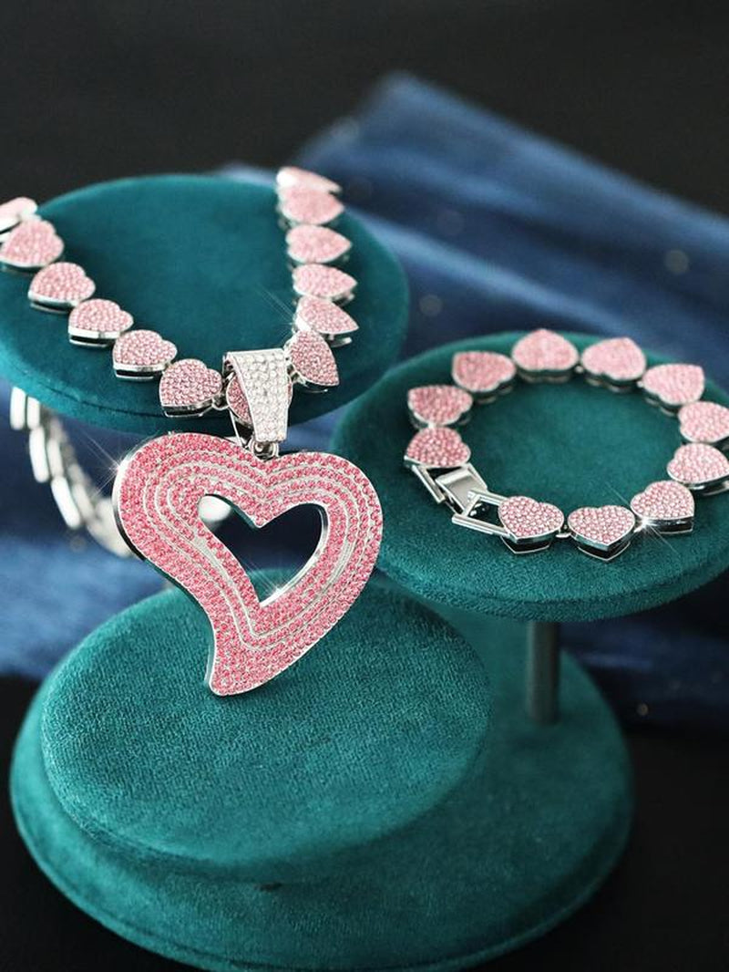 Women'S Elegant Rhinestone Decorated Heart Design Necklace & Bracelet, Exquisite Trendy Jewelry Set, Fashionable Accessories for Women & Girls, Valentine'S Day, Gift
