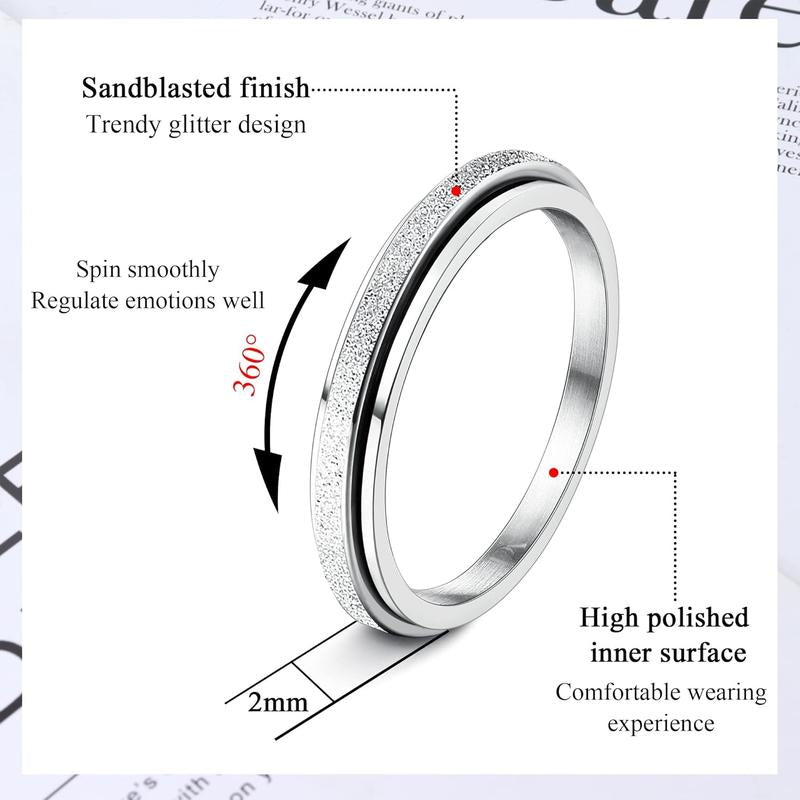 Trendy Fidget Rings for Women Men -2 4Mm Titanium Steel Spinner Ring for Anxiety Stress Relief Glitter Sandblast Spinning Figit Anxiety Jewelry for Women Gifts