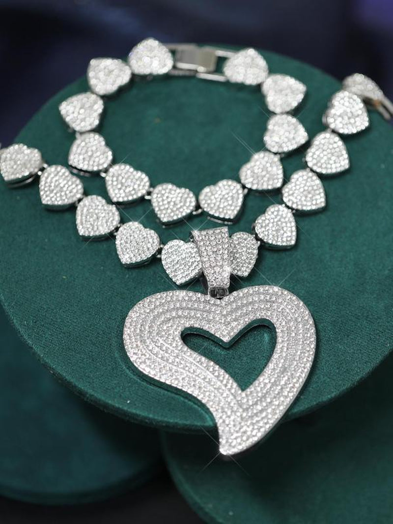 Women'S Elegant Rhinestone Decorated Heart Design Necklace & Bracelet, Exquisite Trendy Jewelry Set, Fashionable Accessories for Women & Girls, Valentine'S Day, Gift