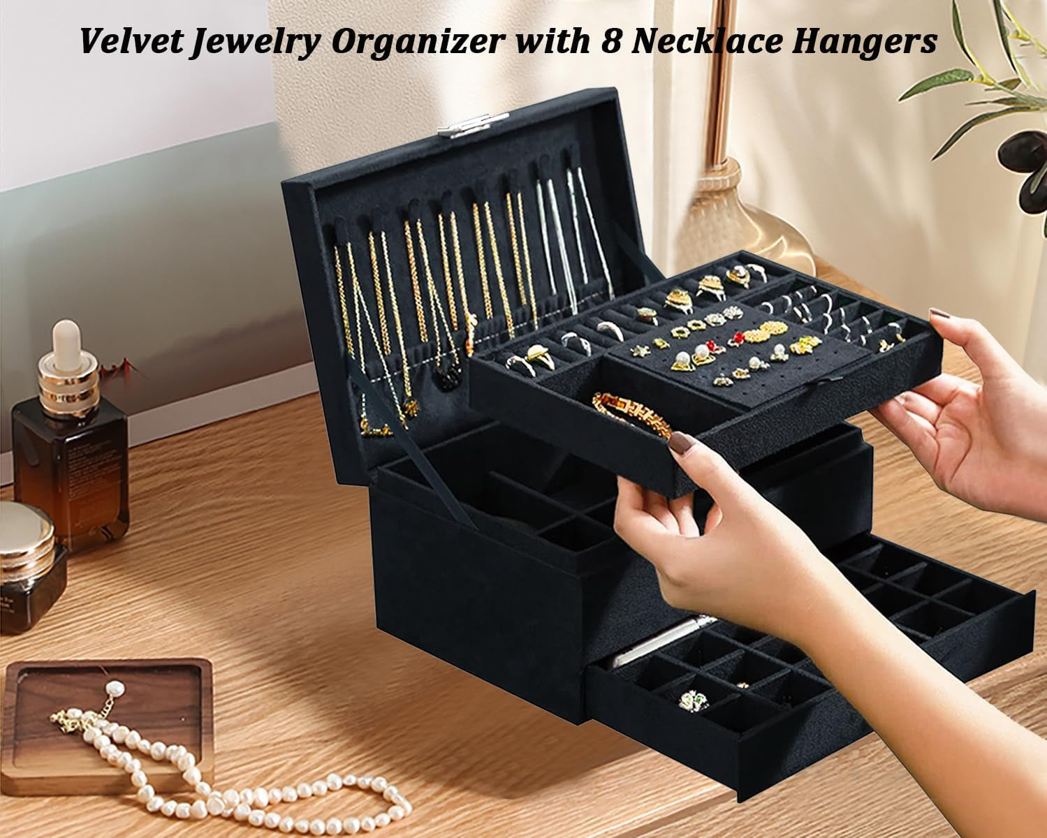Jewelry Boxes for Women Black Velvet Jewelry Organizer with Lock
