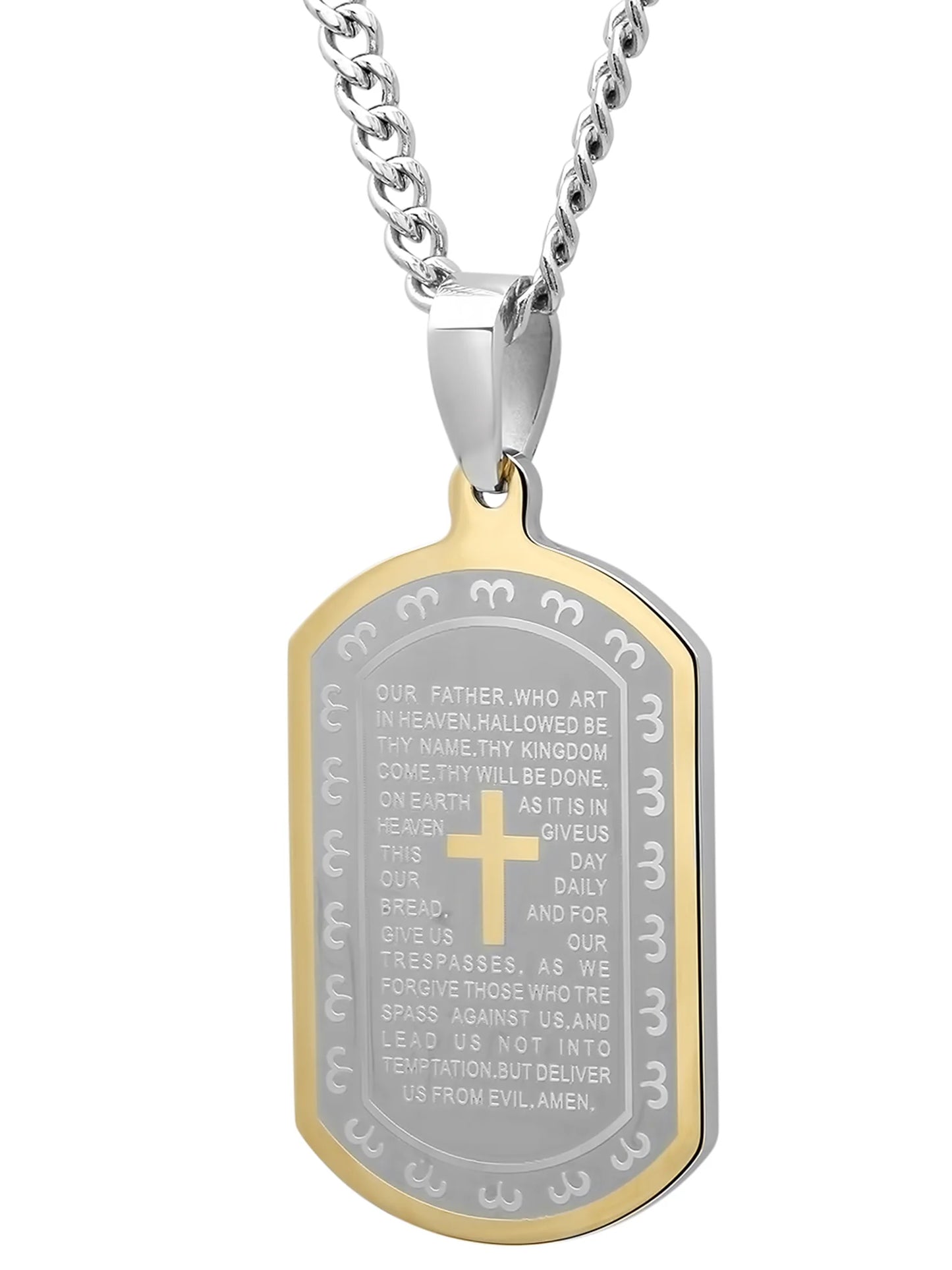 Men's Two-Tone Stainless Steel the Lord's Prayer Dog Tag Pendant Necklace