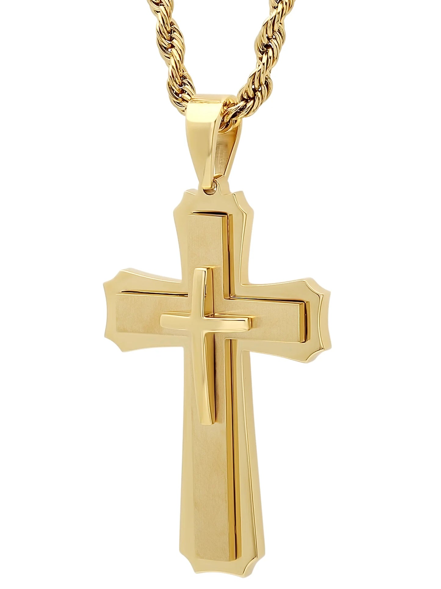 Mens Gold-Tone Stainless Steel Stacked Cross Pendant Necklace
