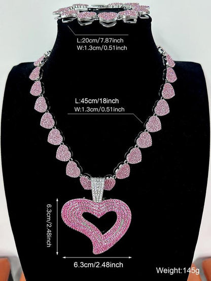 Women'S Elegant Rhinestone Decorated Heart Design Necklace & Bracelet, Exquisite Trendy Jewelry Set, Fashionable Accessories for Women & Girls, Valentine'S Day, Gift