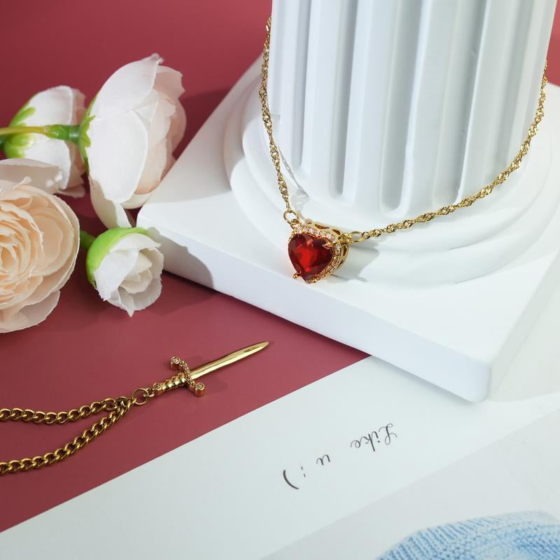 MEIITRUE Heart Pendant Necklaces for Women Men, Rhinestone Dagger Cross Pendant Necklace, Elegant Jewelry Gift for Couples