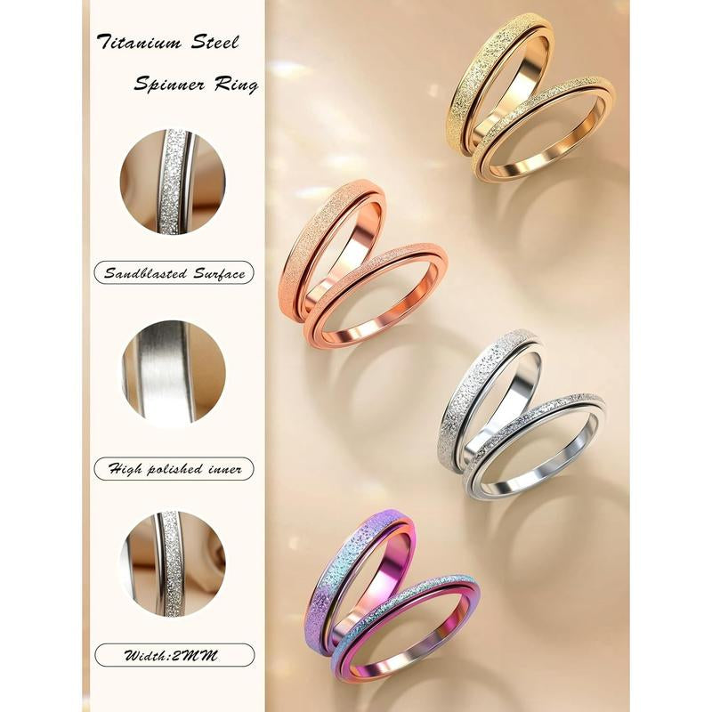 Trendy Fidget Rings for Women Men -2 4Mm Titanium Steel Spinner Ring for Anxiety Stress Relief Glitter Sandblast Spinning Figit Anxiety Jewelry for Women Gifts